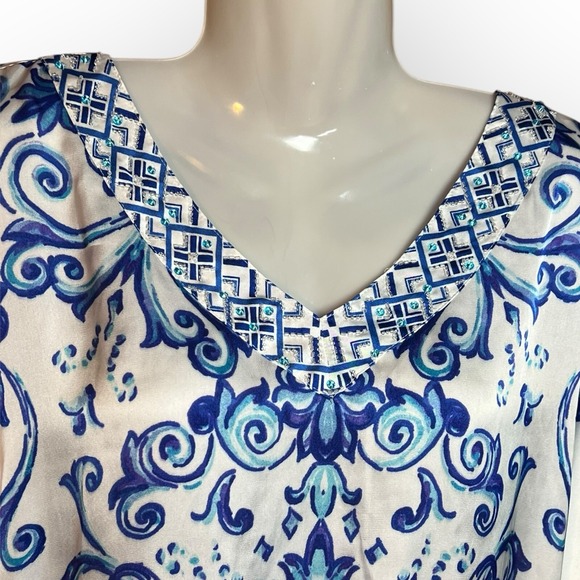 Chico's Womens Embellished V Neck Blue Peplum Blouse Top 2 US L Coastal Florida - Picture 4 of 14